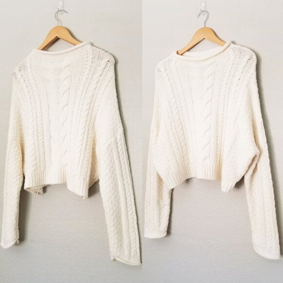 Anthropologie Pilcro Rolled Mock Neck Cable Knit Sweater Pullover, Ivory White S - Picture 6 of 16
